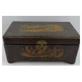 WOOD STAMPED JEWELRY BOX, NEEDS REGLUED