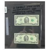 (2) 2 DOLLAR BILLS CONSECUTIVE SERIAL UNCIRCULATED
