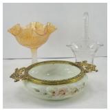 ETCH GLASS BASKET & CARNIVAL BOWL & DRESSER BOWL