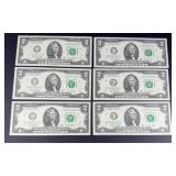 (6) UNCIRCULATED CONSECUTIVE 2 DOLLAR BILLS