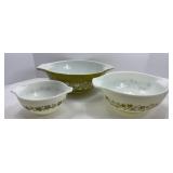 (3) PYREX CASSEROLE DISHES, SPRING BLOSSOM GREEN