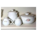 HALL ROSE WHITE COOKIE JAR, CASSEROLE & SHAKERS