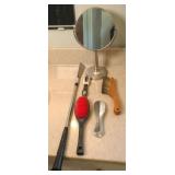DRESSER MIRROR, SHOE HORNS, CLOTHES BRUSHES
