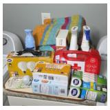 CLEANING SUPPLIES, LIGHT BULBS, & RUG
