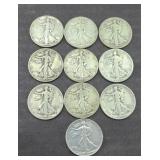 (10) WALKING LIBERTY SILVER HALF DOLLARS