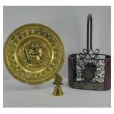 BRASS PLATTER, BELL, AND WINE HOLDER