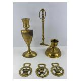 BRASS VASE, CANDLE HOLDER & BOTTLE OPENERS