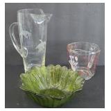 ETCH GLASS COCKTAIL PITCHER, GREEN BOWL & MORE