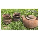 CAST IRON COFFEE POT & SMALL POTS