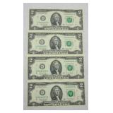 (4) $2 DOLLAR BILLS CONSECUTIVE SN UNCIRCULATED