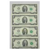 (4) $2 DOLLAR BILLS CONSECUTIVE SN UNCIRCULATED