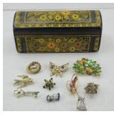 COSTUME JEWELRY PINS IN SMALL CHEST