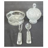 GLASS BOWL WITH GLASS UTENSILS, MORE