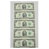 (5) $2 DOLLAR BILLS CONSECUTIVE SN UNCIRCULATED