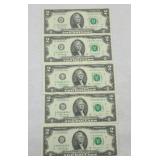 (5) $2 DOLLAR BILLS CONSECUTIVE SN UNCIRCULATED