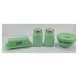 JADEITE GREEN BUTTER  DISH, GREASE BOWL, SHAKERS