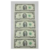 (5) $2 DOLLAR BILLS CONSECUTIVE SN UNCIRCULATED