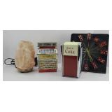 DICE CLOCK, COCA NAPKIN, SALT LAMP