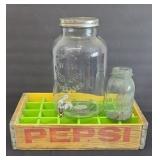 WOOD PEPSI CRATE, ICE TEA JAR DISPENSER