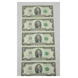 (5) $2 DOLLAR BILLS CONSECUTIVE SN UNCIRCULATED