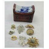 COSTUME JEWELRY PINS IN TRINKET BOX