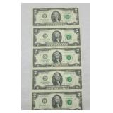 (5) $2 DOLLAR BILLS CONSECUTIVE SN UNCIRCULATED
