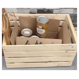 (7) JARS OF PEACHES W/ WOOD BOX & SIGN
