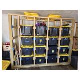 WOOD RACK ON WHEELS W/ 12 TOTES INCLUDED
