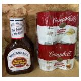 (2) BOTTLES OF BBQ SAUCE & SOME CAMPBELLS SOUP