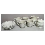 LONGABERGER POTTERY CUPS, SAUCERS, CREAMER &