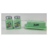 JADEITE GREEN BUTTER DISH, SHAKER SET