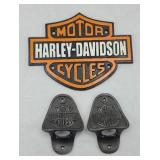 CAST IRON HARLEY DAVIDSON SIGN, (2) BOTTLE