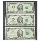 (3) $2 BILLS CONSECUTIVE SERIAL NUMBERS
