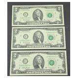 (3) $2 BILLS CONSECUTIVE SERIAL NUMBERS