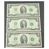 (3) $2 BILLS CONSECUTIVE SERIAL NUMBERS