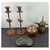 CANDLEHOLDERS, BRASS TEAPOT & MORE