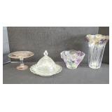 CRYSTAL VASE, COVERED  & CANDY DISH