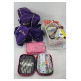 QUILT PIECES, CROCHET HOOKS, CROWN BAGS