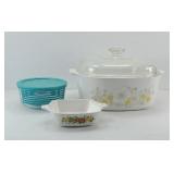LARGE CORELLE COVERED CASSEROLE & MORE