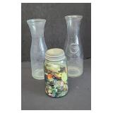 (2) CARAFES, BALL JAR OF BUTTONS