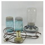 CHICKEN WATERER, (2) BLUE BALL JARS