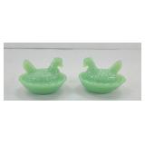(2) MINI JADEITE GREEN HENS ON NESTS