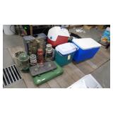Coolers, Lanterns, Stove, Drawers with Contents
