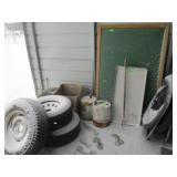 Vintage Gas Cans, Wire Sticks, Tires, Chalk Board