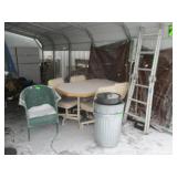 Ladder, Wicker Chair, Garbage Cans, Table And