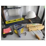 Clamp, Measure Tape, Level, Hard Hat, Wheel Chocks