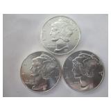 3) .5oz 999 Fine Silver Coins
