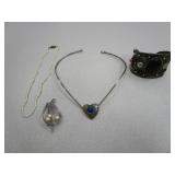 Sterling Necklace, Stone Bracelet, Pearl Pin And