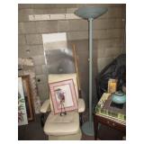 Swivel Chair, Bird Statue, Floor Lamp, Wall Art