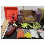 Tow Straps, Jumper Cables, Gas Can, Level,